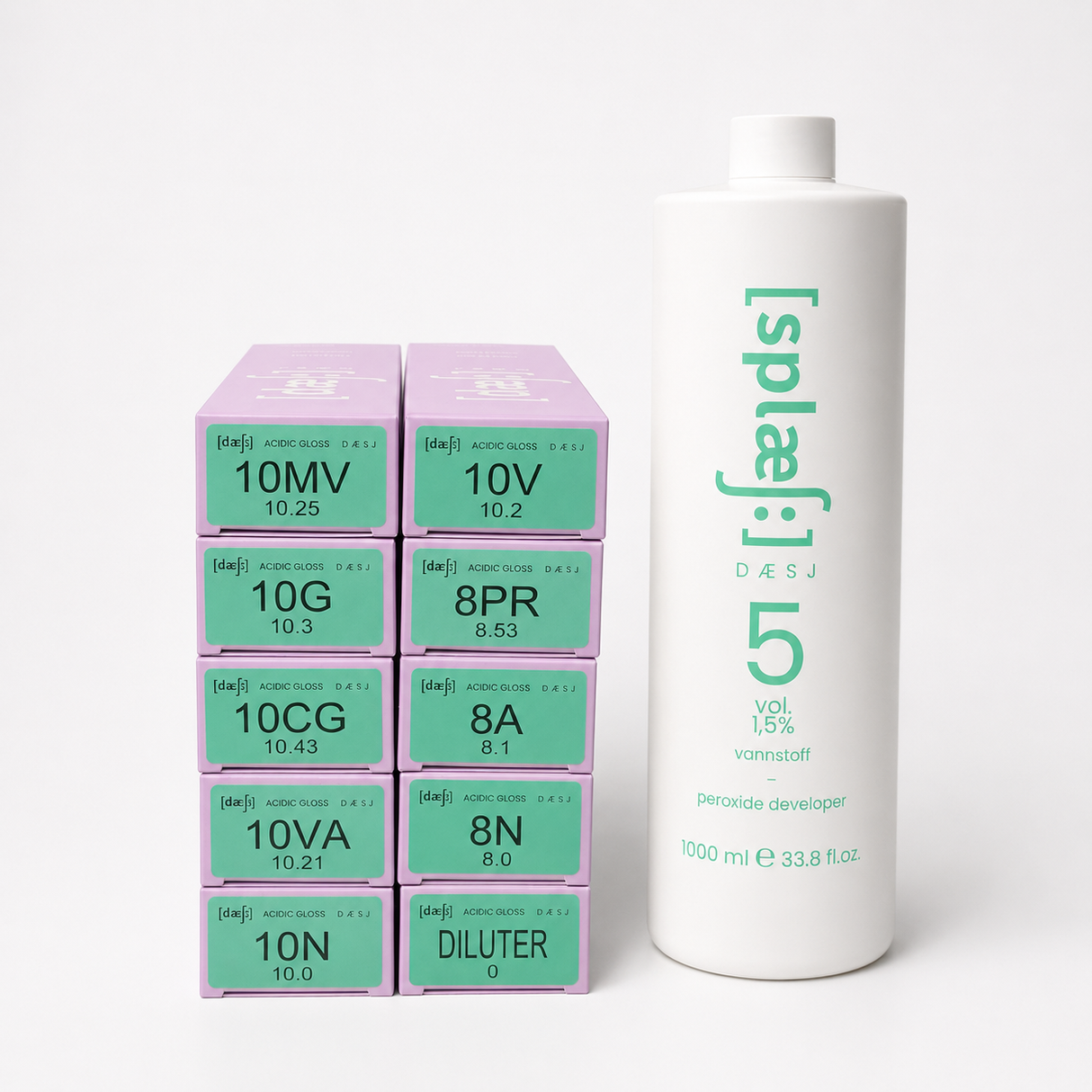 Acidic Gloss hårblekemiddel i lilla bokser og 1,5% peroksidutviklerflaske for frisører