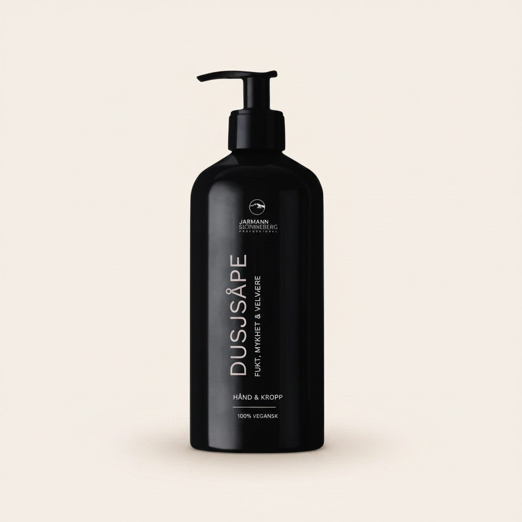 GRIMM.NO Jarmann Beerenberg black 500ml shower soap bottle with pump dispenser, for hand & body, 100% vegan.