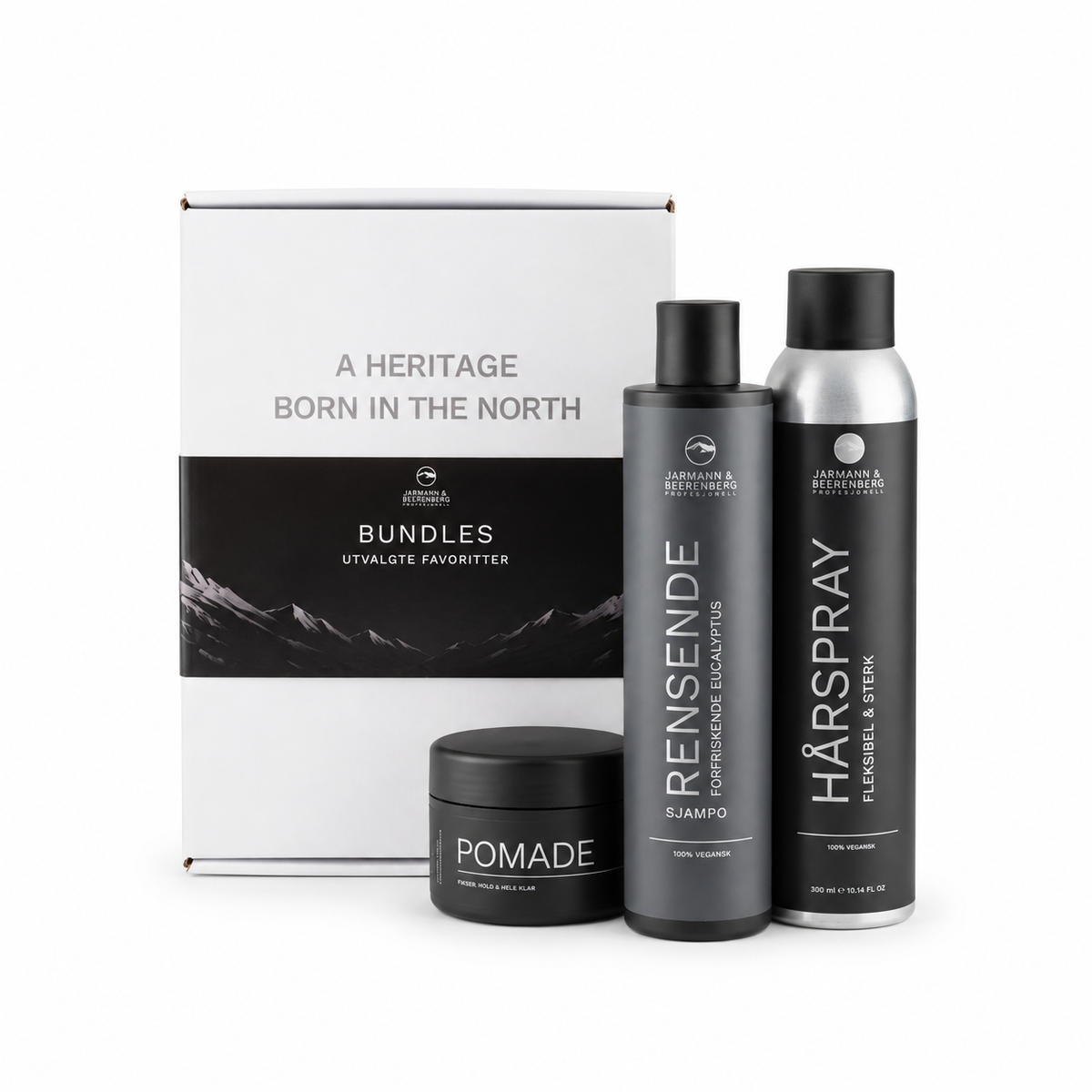 Jarmann Beerenberg Pomade Styling Bundle med Rensende Sjampo, Pomade og Hårspray i eske