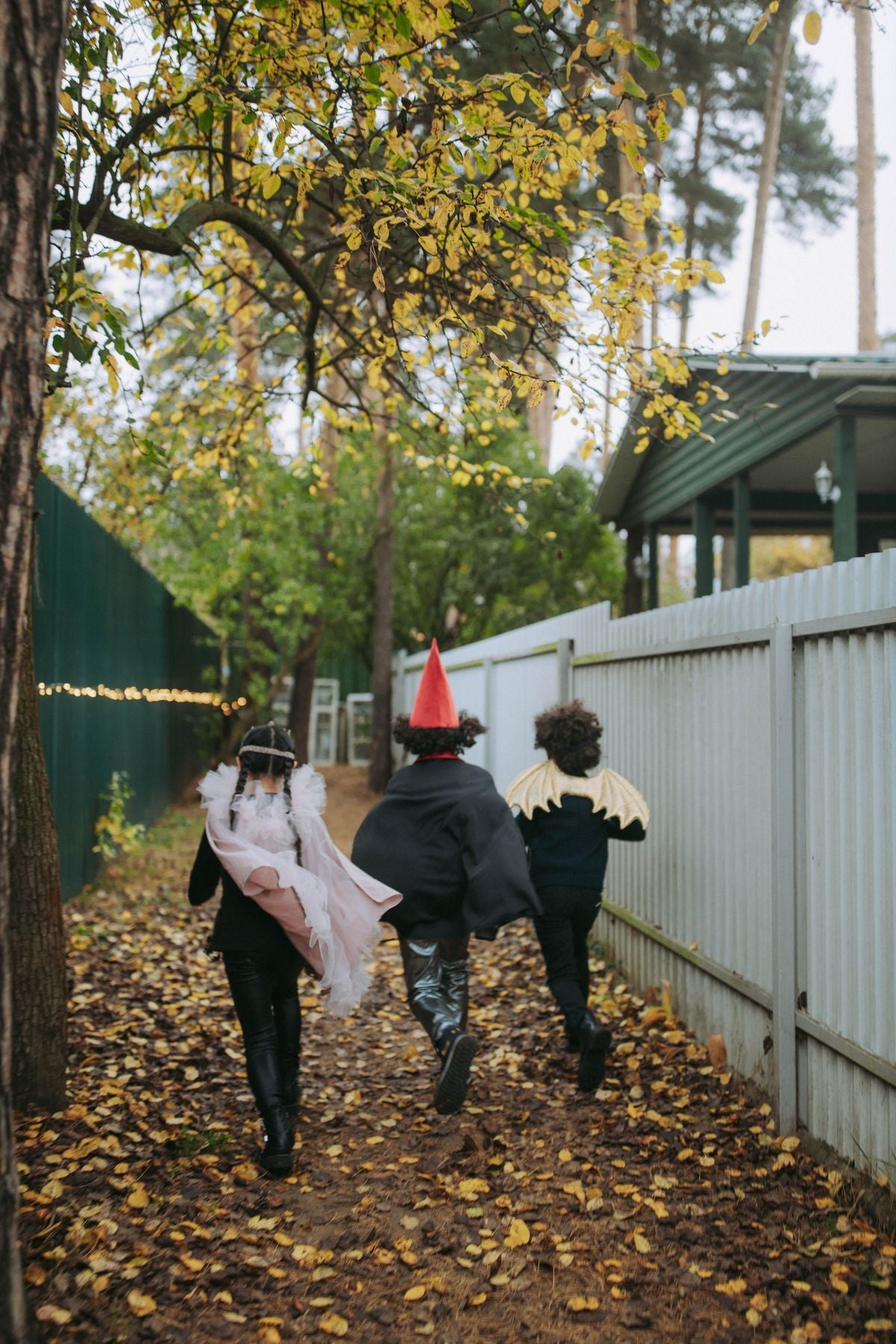 Tre barn i Halloween- og karnevalskostymer på tur gjennom høstløv, fotografert bakfra. Foto: Yaroslav Shuraev / Pexels