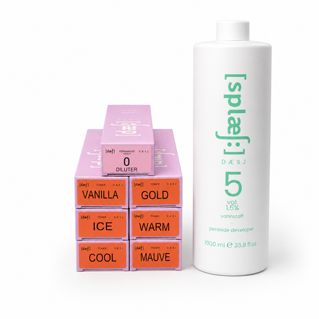 Vegansk hårtoner og utvikler fra DÆSJ – Vanilla, Gold, Ice, Warm, Cool, Mauve og 1,5% vannstoff