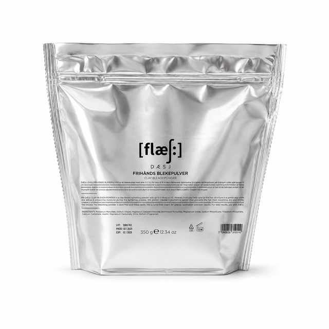 DÆSJ frihånds blekepulver i sølvpåse, vegansk og sulfatfri hårpleie for frisører og kunder.