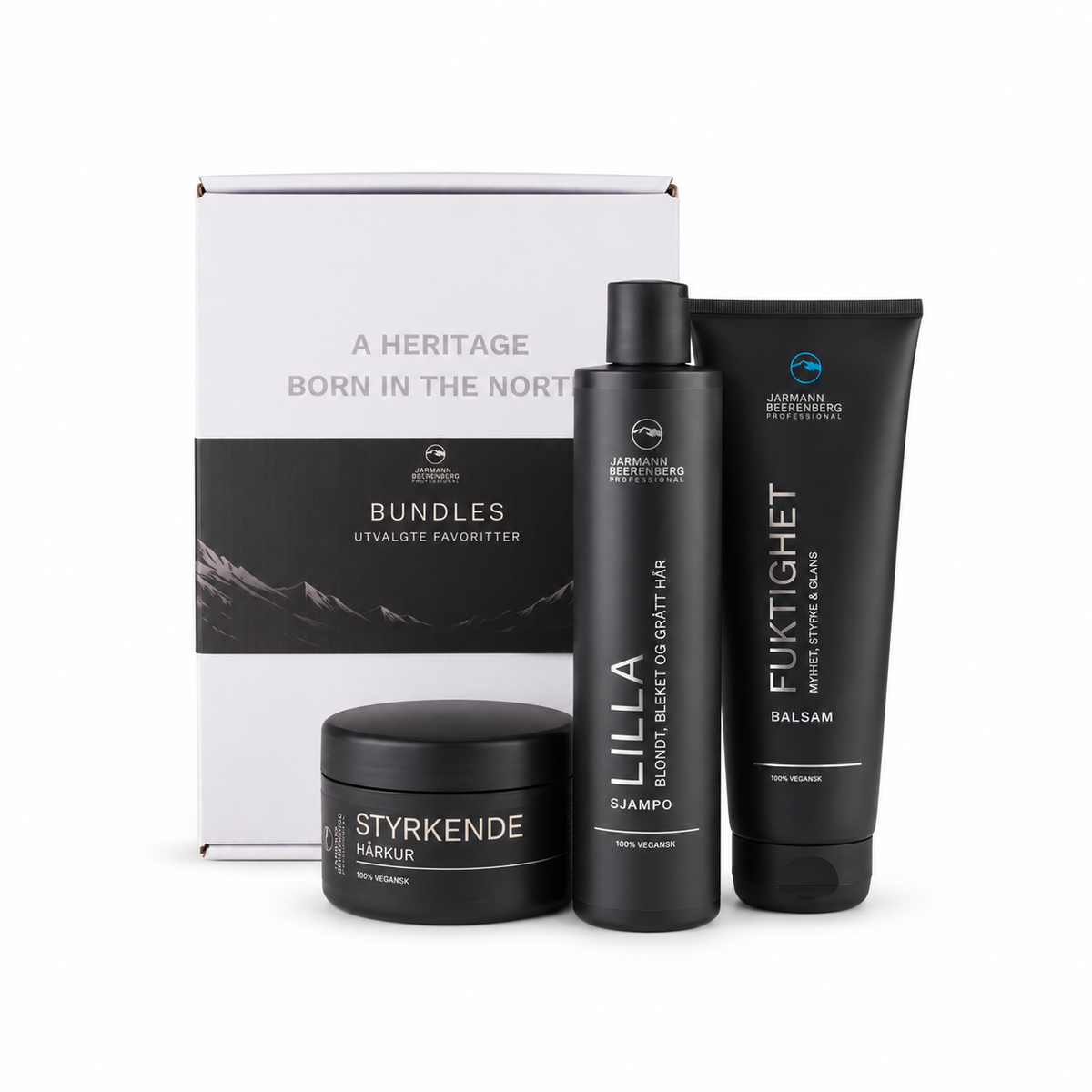Jarmann Beerenberg Blond Pleie Bundle med Lilla Sjampo, Fuktighet Balsam og Styrkende Hårkur i eske