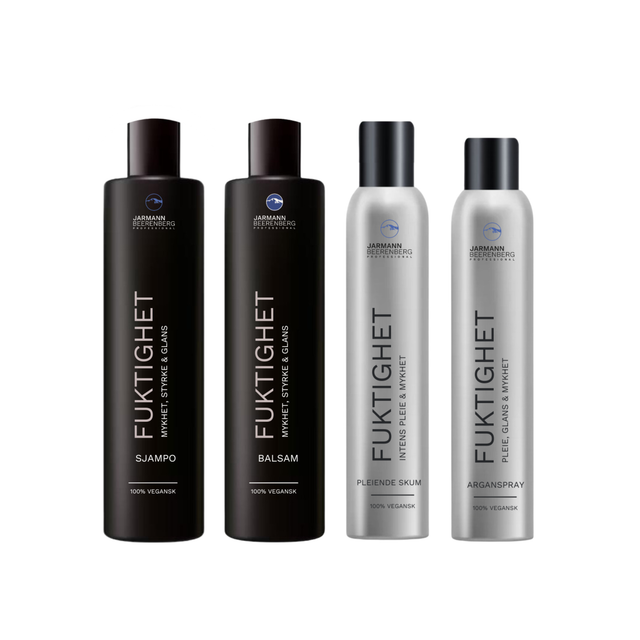 BUNDLE | FUKTIGHET SJAMPO, BALSAM, ARGANSPRAY & PLEIENDE SKUM - GRIMM.NO