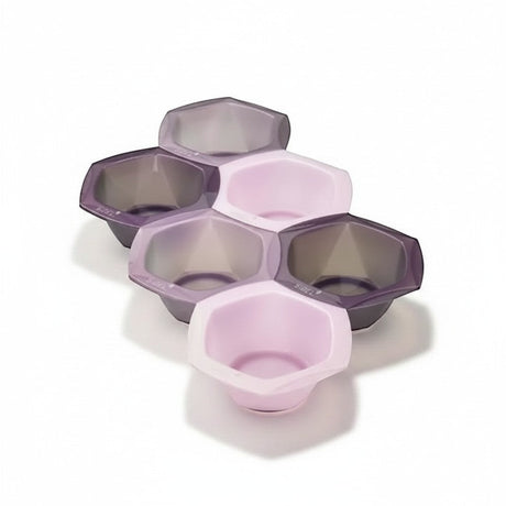 GRIMM.NO set of 6 hexagonal hair color mixing bowls in light pink and translucent purple, stackable with silicone base.