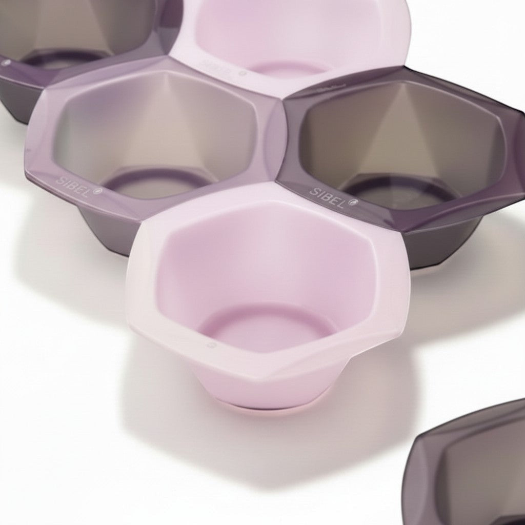 GRIMM.NO set of 6 hexagonal hair dye mixing bowls in pastel pink and translucent purple, stackable design with silicone base.