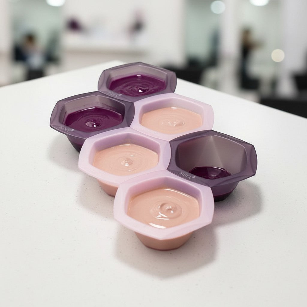GRIMM.NO set of 6 hexagonal hair dye mixing bowls in light pink and translucent purple, stackable with silicone base.