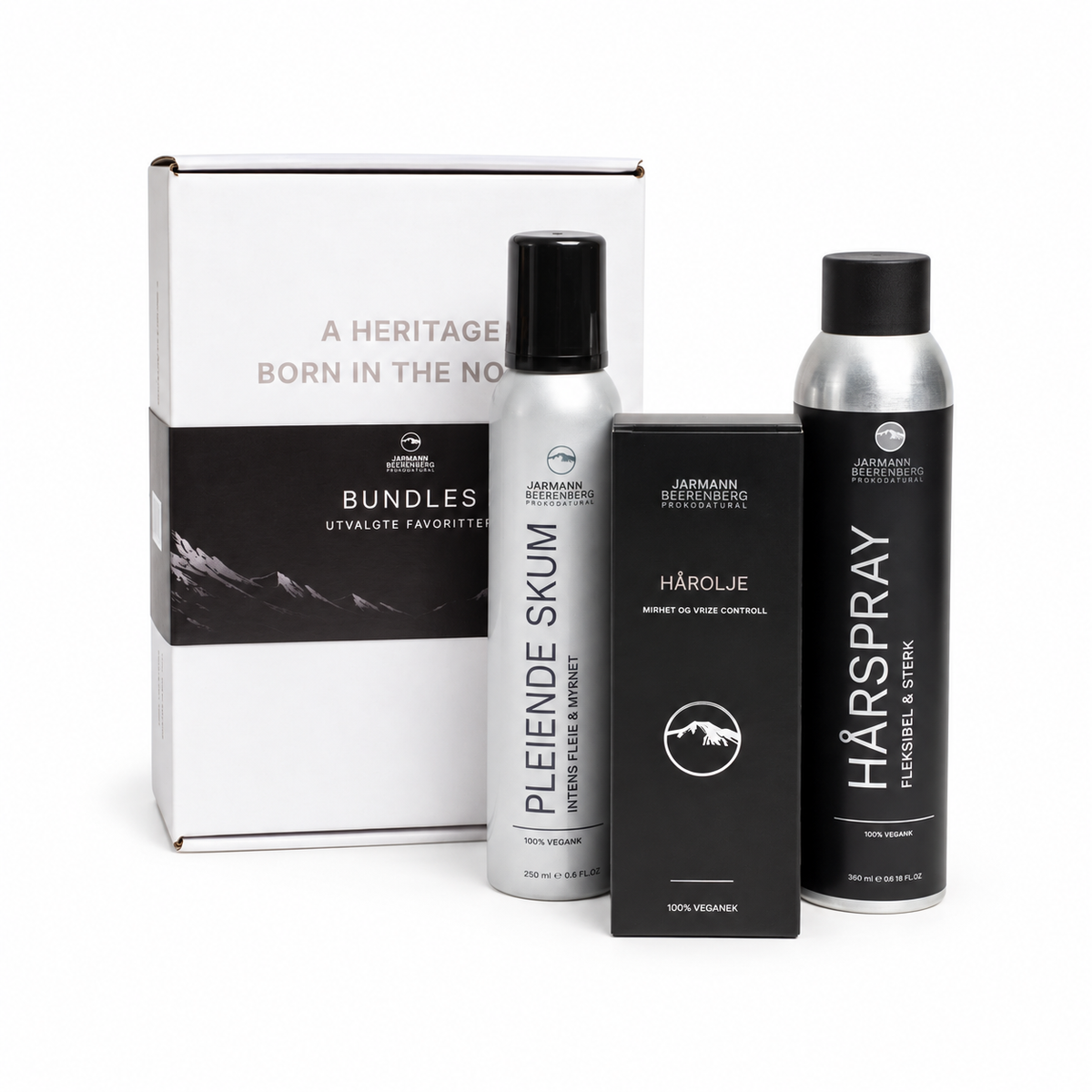 Jarmann Beerenberg Mykhet og Glans Bundle med Pleiende Skum, Hårolje og Hårspray i eske