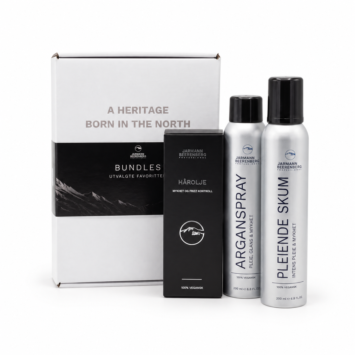 Jarmann Beerenberg Pleie og Glans Bundle med Pleiende Skum, Arganspray og Hårolje i eske