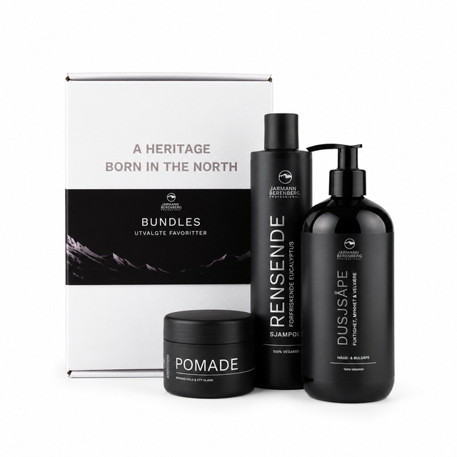 Jarmann Beerenberg Pomade Bundle med Rensende Sjampo, Dusjsåpe og Pomade i eske